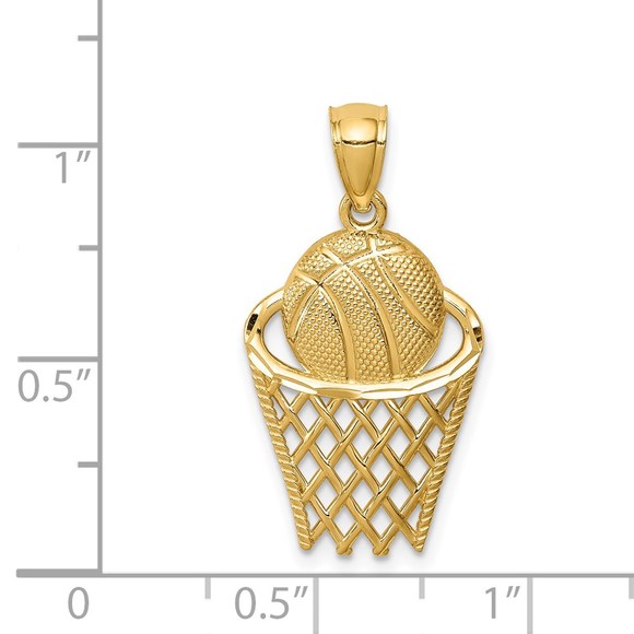 14k Yellow Gold Genuine Sports Basketball in Hoop Necklace Charm Pendant - Picture 5 of 5